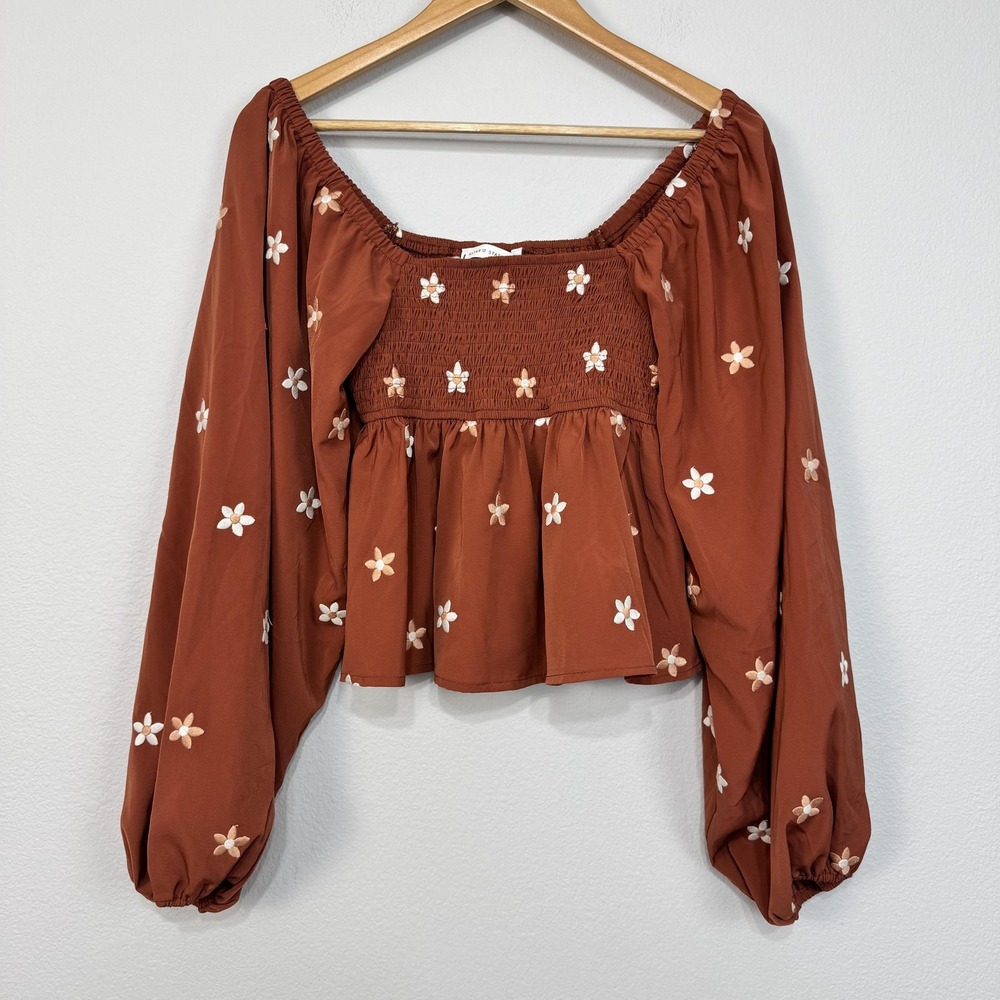 Altar'd State Blouse Women's Small Rust Floral Embroidered‎ Smocked Peplum Boho